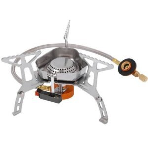 The portable camping stove with separate components features an electronic ignition